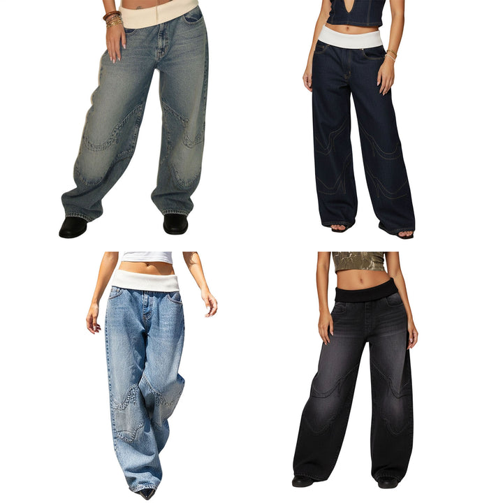 Womens Low Rise Baggy Jeans Fold-Over Elastic Waist Wide Leg Jeans Denim Pants Loose Fit Trousers for Club appropriate