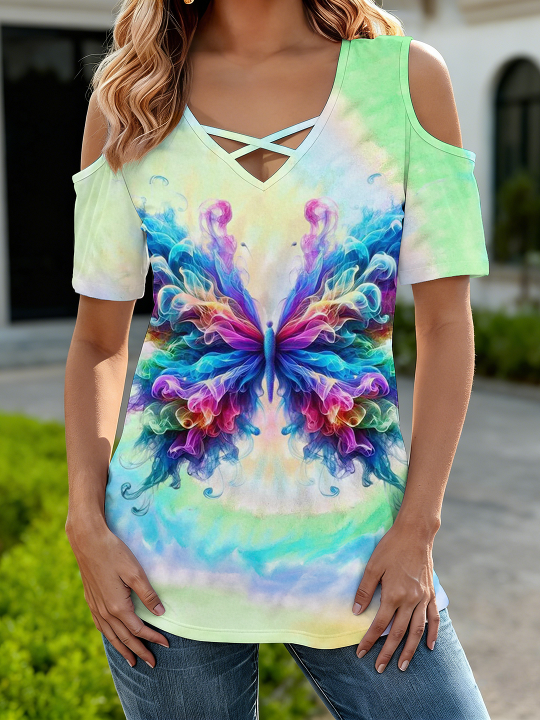 Women's Tie Dye Butterfly Off-Shoulder V-Neck T-Shirt