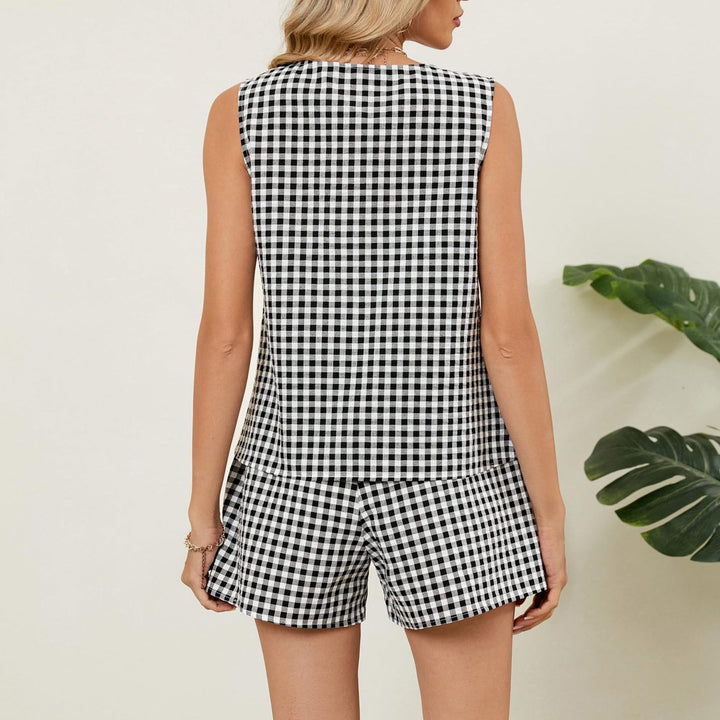 2 Piece Shorts Set for Women Plaid Print Button Down Tank Top and Shorts Outfits Summer Loungewear for Travel compatible