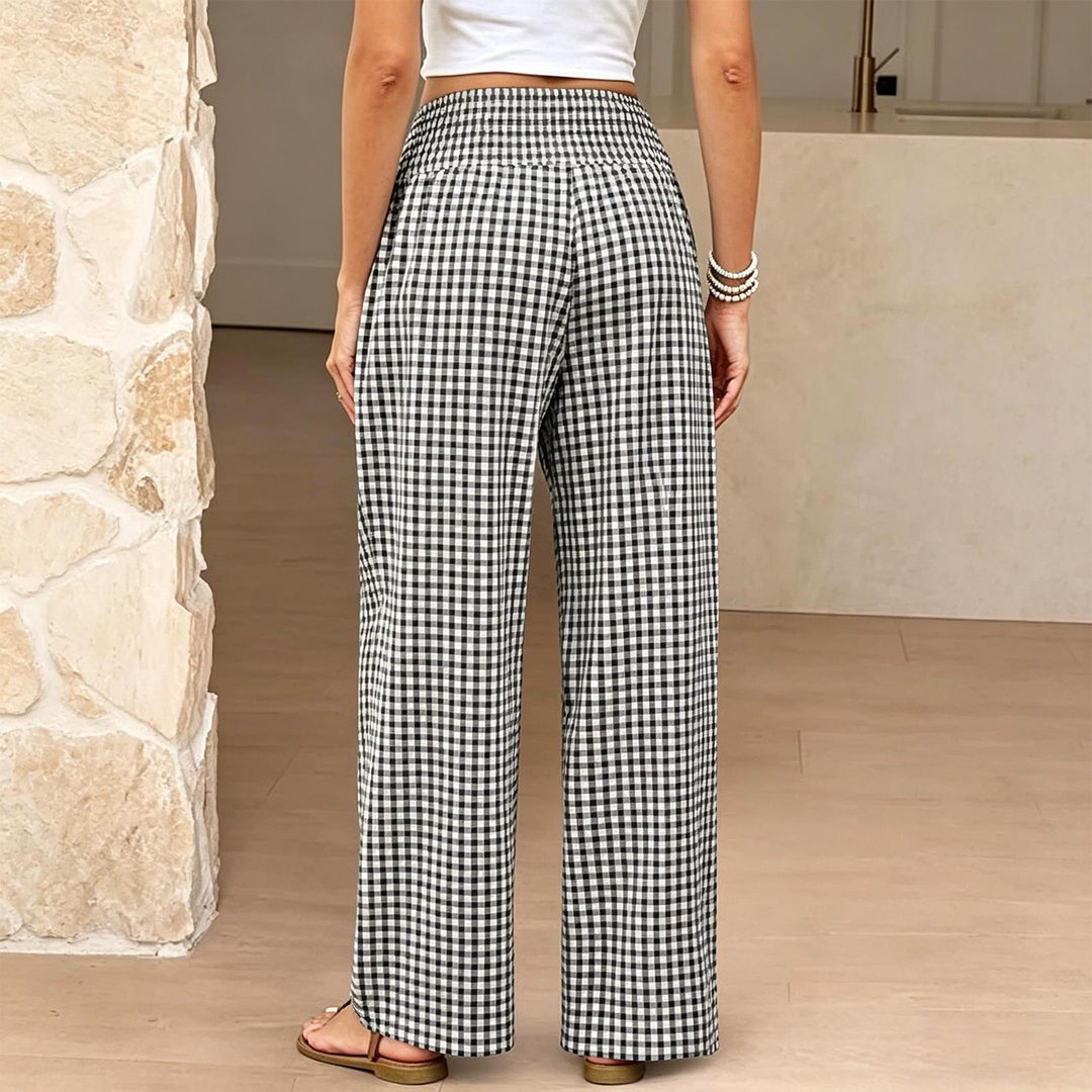 Women Gingham Pants Smocked Waist Plaid Pajama Lounge Pants Wide Leg Trousers with Pocket for Daily Wear gently