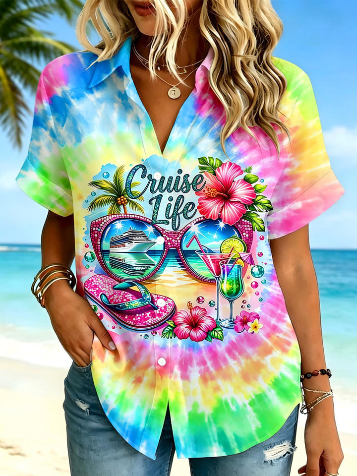 Hawaiian Colorful Tie Dye Cruise Life Women's Short Sleeve Shirts