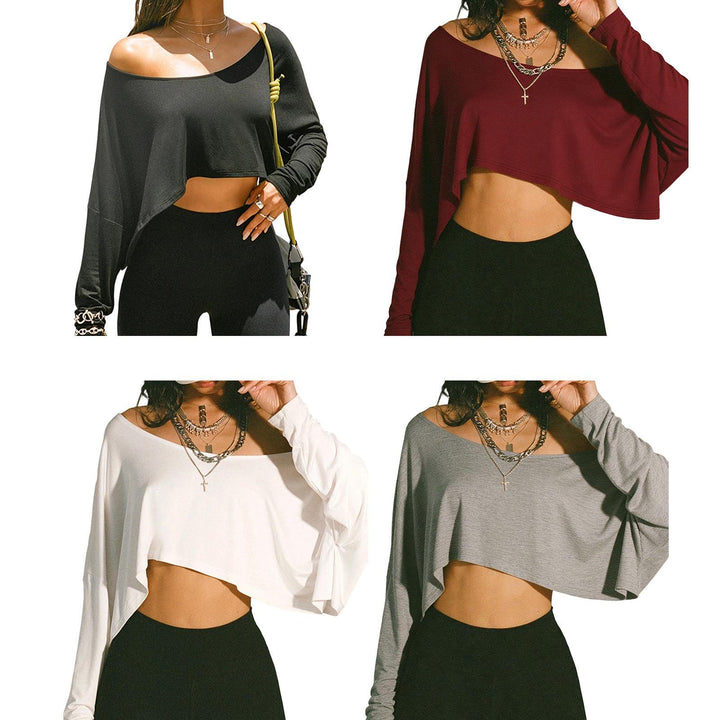 Off The Shoulder Crop Tops for Women Long Sleeve Slouchy Off The Shoulder Top Loose Casual T Shirt for Dating proficient