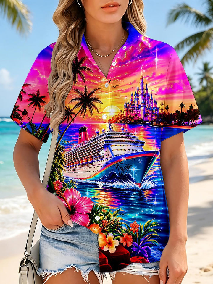 Hawaiian Colorful Cruise Castle Sunset Landscape Women's Short Sleeve Shirts