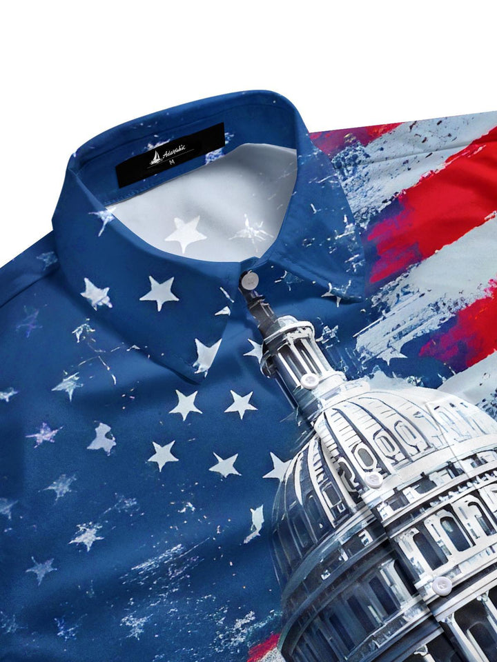 Capitol Building USA Flag Independence Day Men's Pocket Short Sleeve Shirts