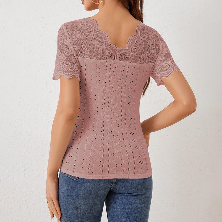 Womens Lace Shirt V Neck Dressy Casual Blouses Summer Fitted Shirts Short Sleeve for Going Out Commuting remarkable