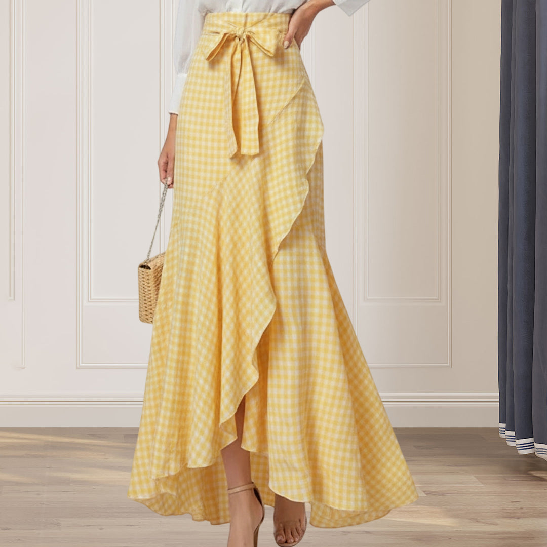 Long Plaid Skirt Mermaid A Line Women High Waist Flowy Ruffle High Low Skirts Waist Tie Clothes Daily Wear capable