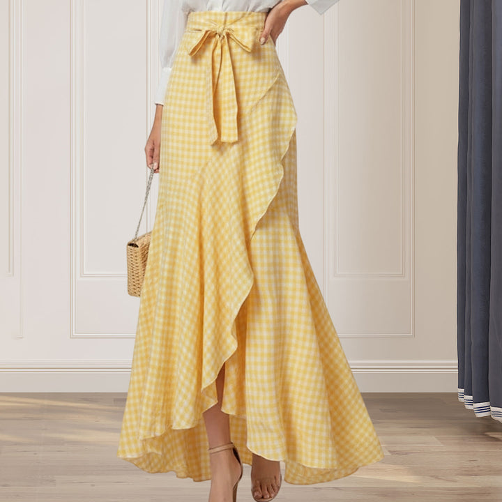 Long Plaid Skirt Mermaid A Line Women High Waist Flowy Ruffle High Low Skirts Waist Tie Clothes Daily Wear capable