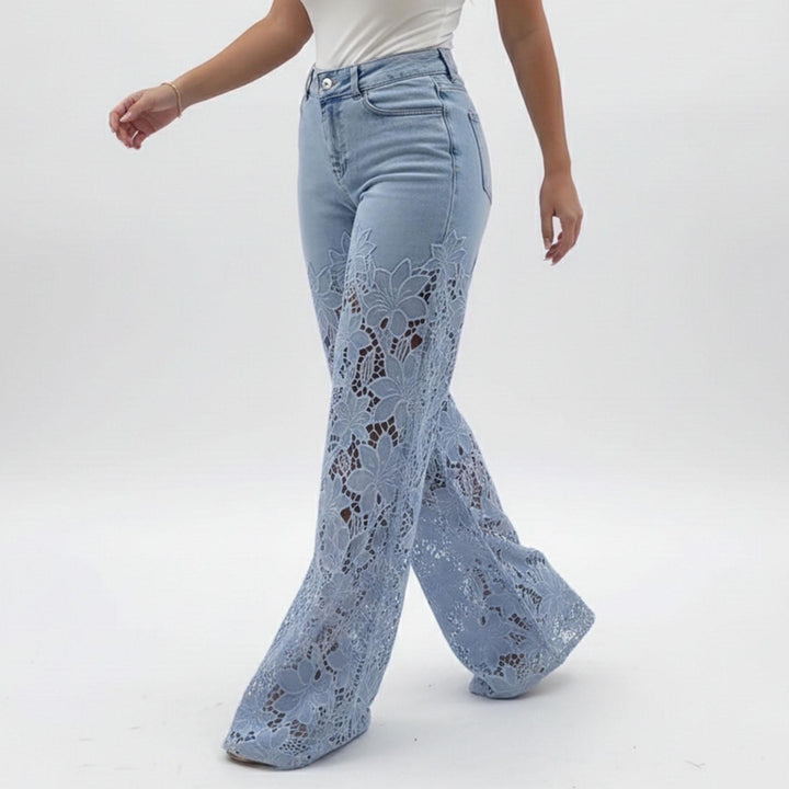 Lace Jeans for Women Hollow Lace Spliced High Waisted Fashion Jeans Loose Fit Denim Pants for Daily Wear exceptional