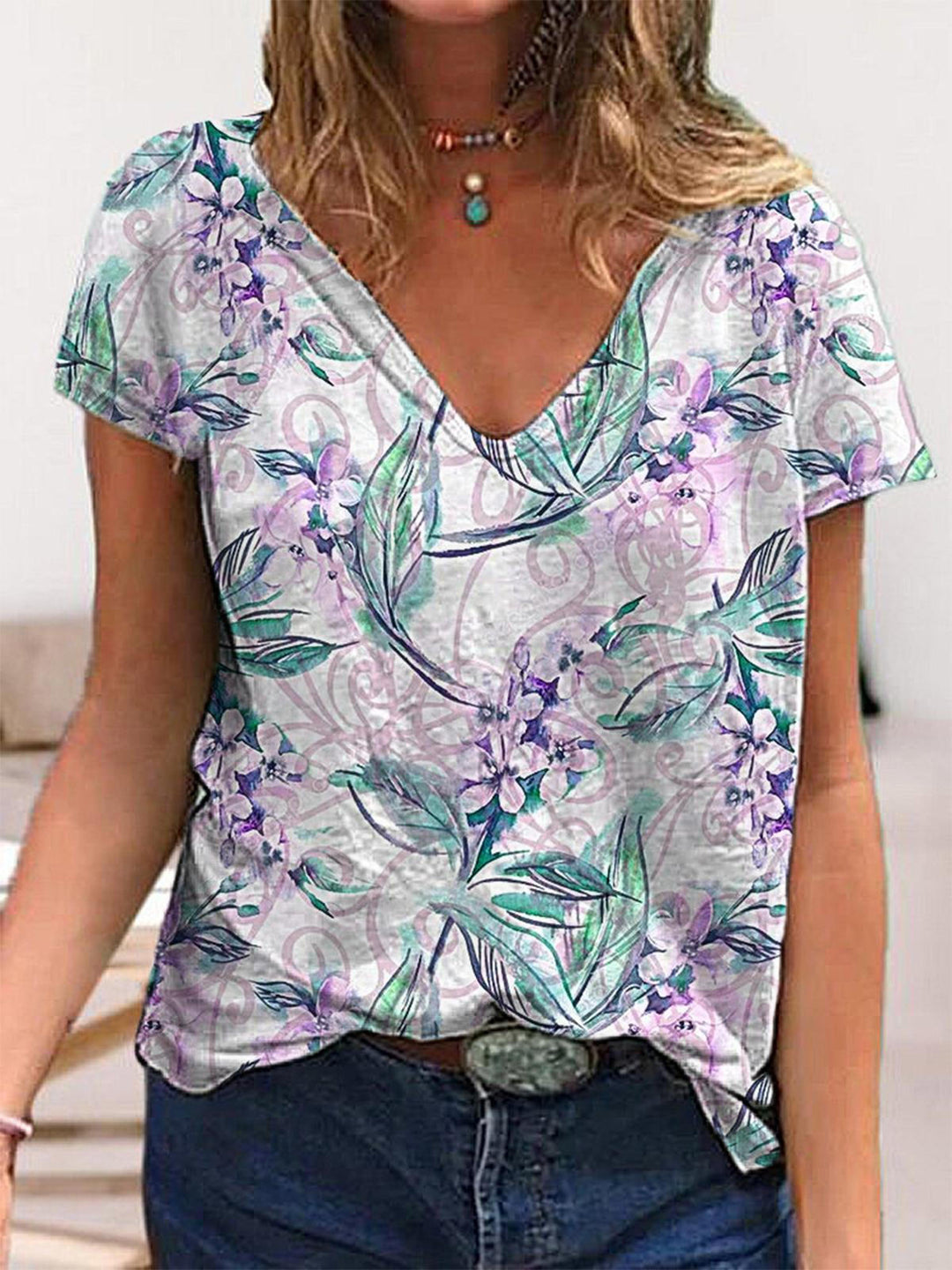 Simple Flower V-Neck Short Sleeve T-Shirt