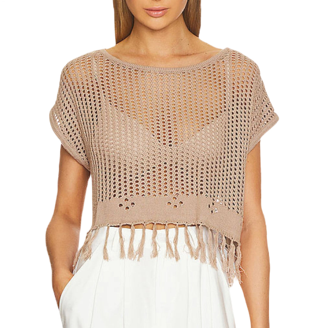Crochet Tops for Women Tassel Hollow Out Summer Knit Top Crewneck Short Sleeve Pullover Cover Up for Travel usefulness