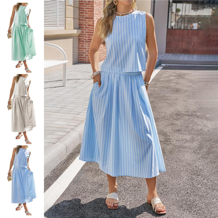 Striped Skirt Set 2 Piece Casual Sleeveless Top and Midi Skirt Summer Matching Lounge Sets for Everyday Wear adaptable