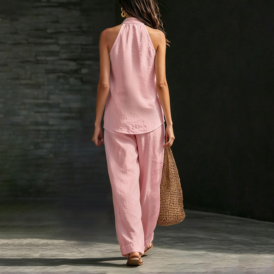 Summer Outfits for Women 2 Piece Set Deep V Neck Sleeveless Loose Fit Halter Top and Wide Leg Pants for Beach classical
