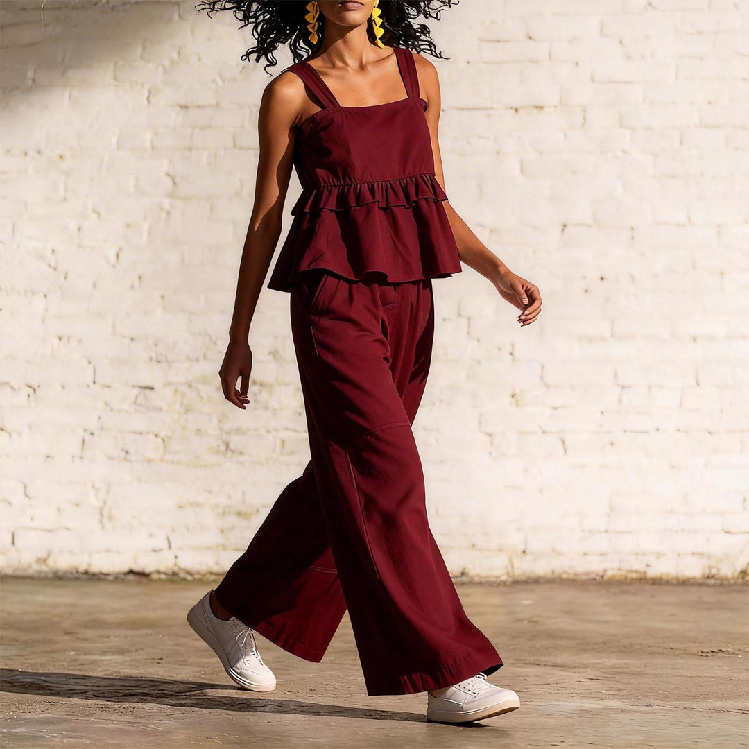 2 Piece Summer Sets for Women Ruffle Casual Summer Sleeveless Peplum Top and Wide Leg Pants Sets for Leisure workable