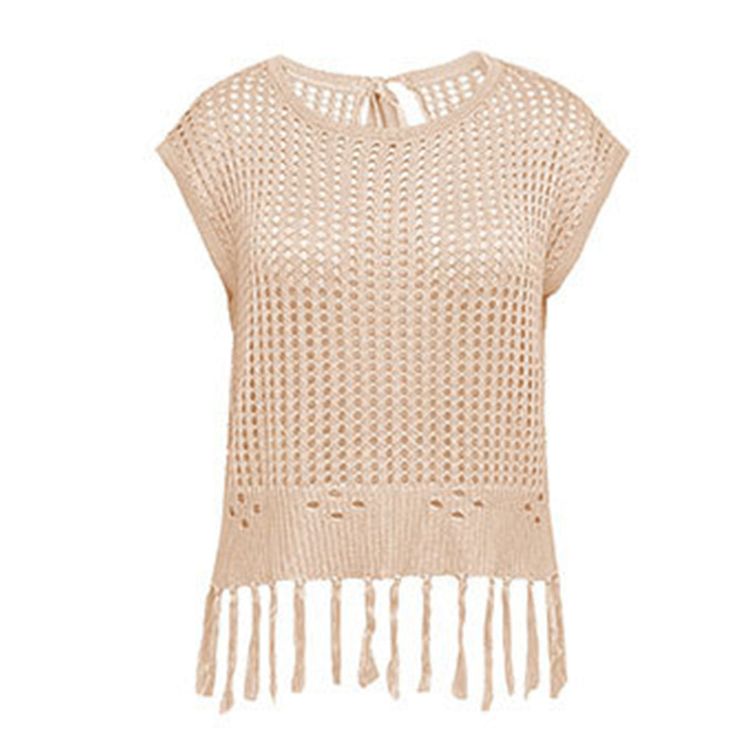 Crochet Tops for Women Tassel Hollow Out Summer Knit Top Crewneck Short Sleeve Pullover Cover Up for Travel usefulness