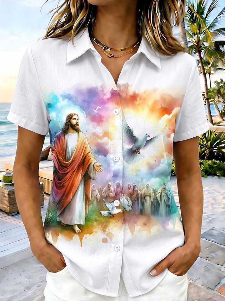 Christian Jesus Print Women's Short Sleeve Shirts