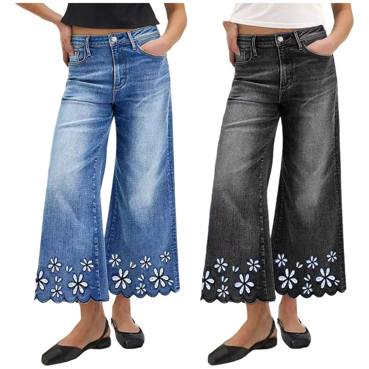 Cropped Wide Leg Jeans Floral Embroidery Boho Wide Leg Jeans Middle Waisted Cropped Denim Pants for Travel excellently