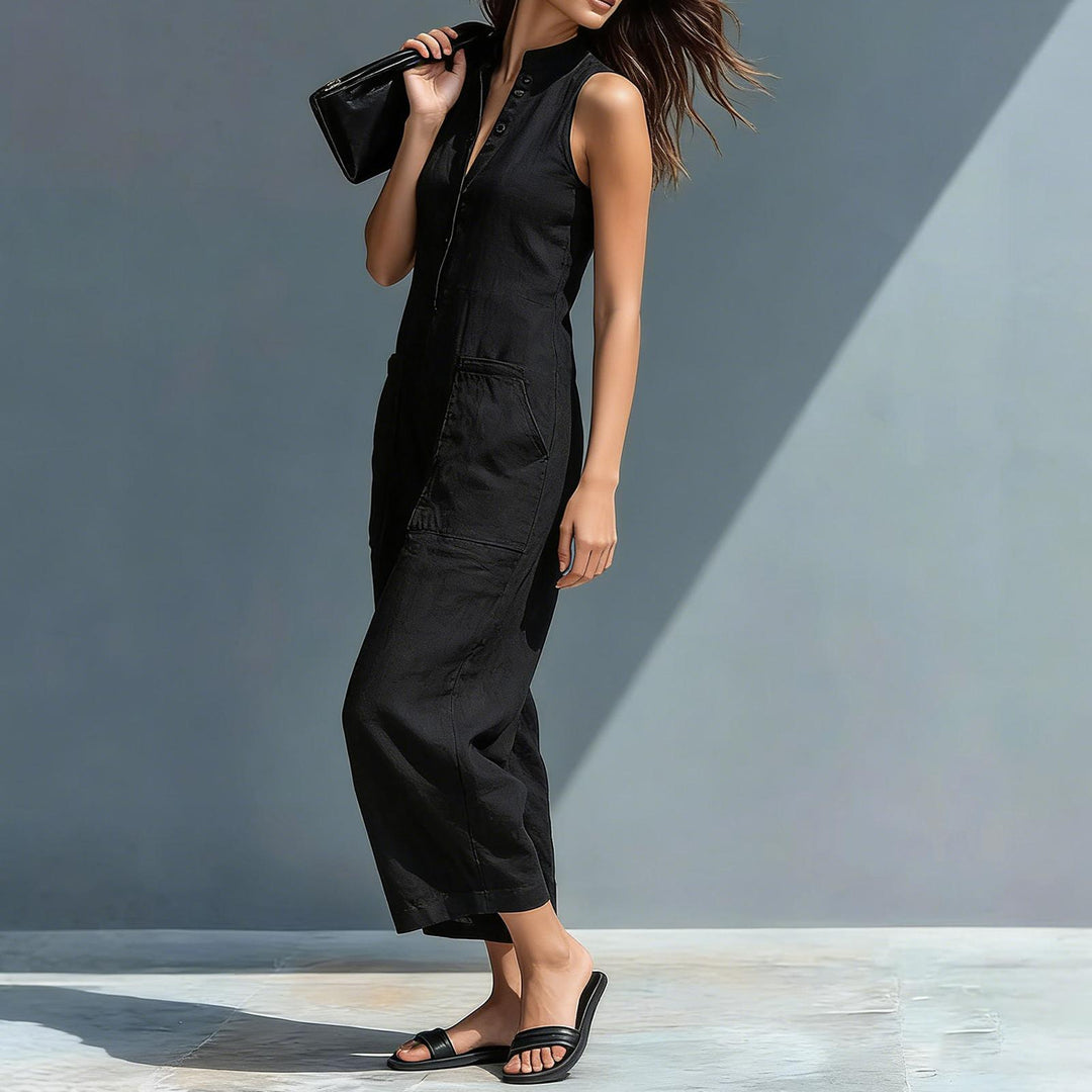 Sleeveless Jumpsuits for Women Button Front Stand Collar Sleeveless Loose Wide Leg Jumpsuit for Vacation classical