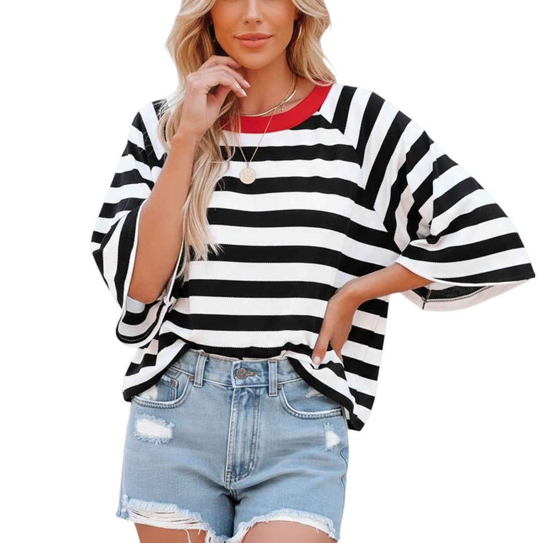 Striped Shirt Women Crew Neck Fashion Casual T Shirts Loose Fit Basic Tops for Travel Going Out Commuting approving