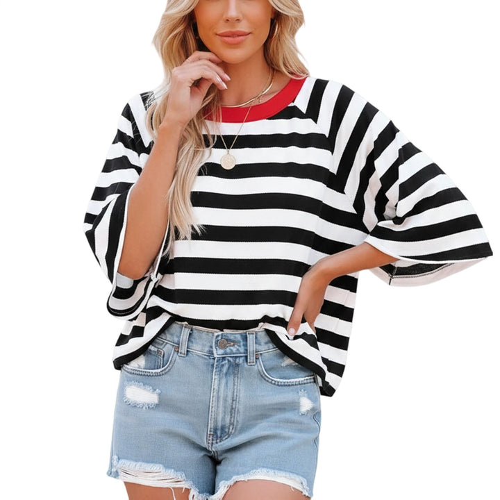 Striped Shirt Women Crew Neck Fashion Casual T Shirts Loose Fit Basic Tops for Travel Going Out Commuting approving