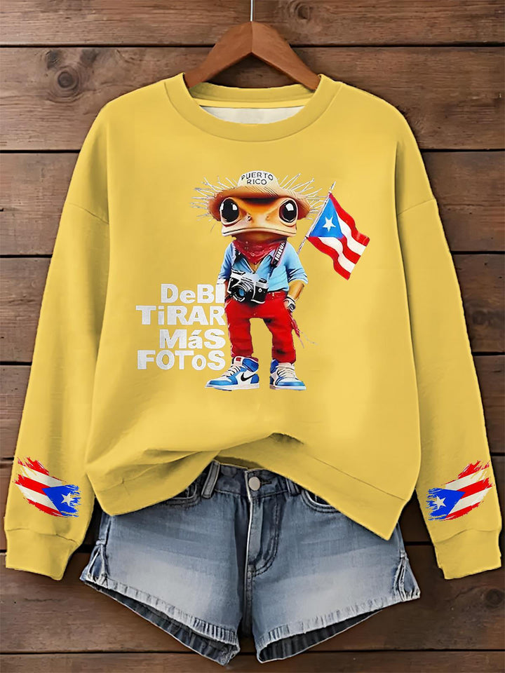 Puerto Rican Frog Print Long Sleeve Casual Top