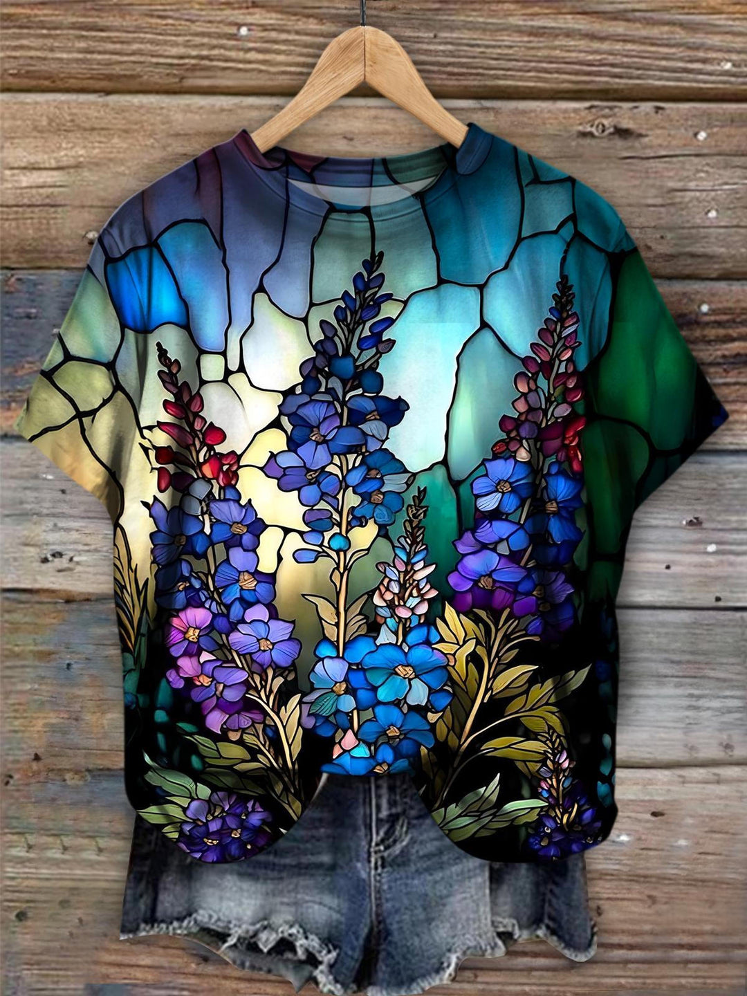 Stained Glass Bluebell Print Crew Neck T-shirt