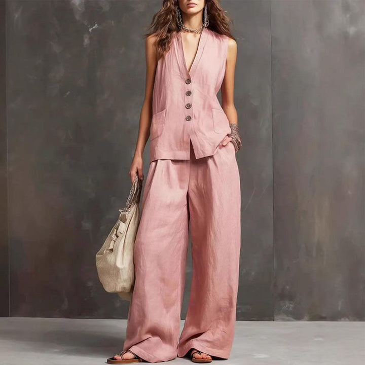 Womens Vest and Pants Set Two Piece Button Down Vest Top and Wide Leg Pants Casual Outfits for Work Travel ideal