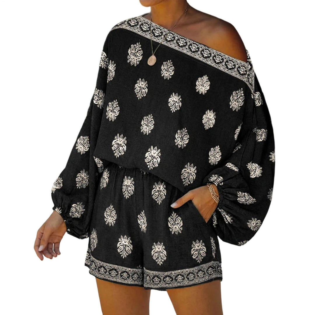 Boho Rompers for Women Off The Shoulder Casual Boho Jumpsuit Loose Lantern Sleeve Rompers for Vacation Beach ingenious