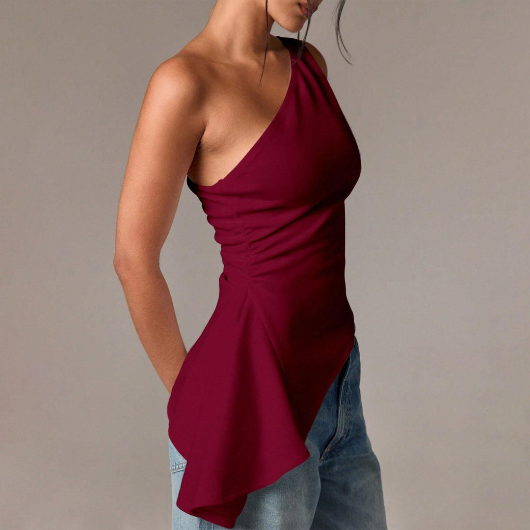 Off Shoulder Ruffle Top Asymmetrical Neck Summer Going Out Sexy Elegant Ruched Sleeveless Tops for Datng friendly