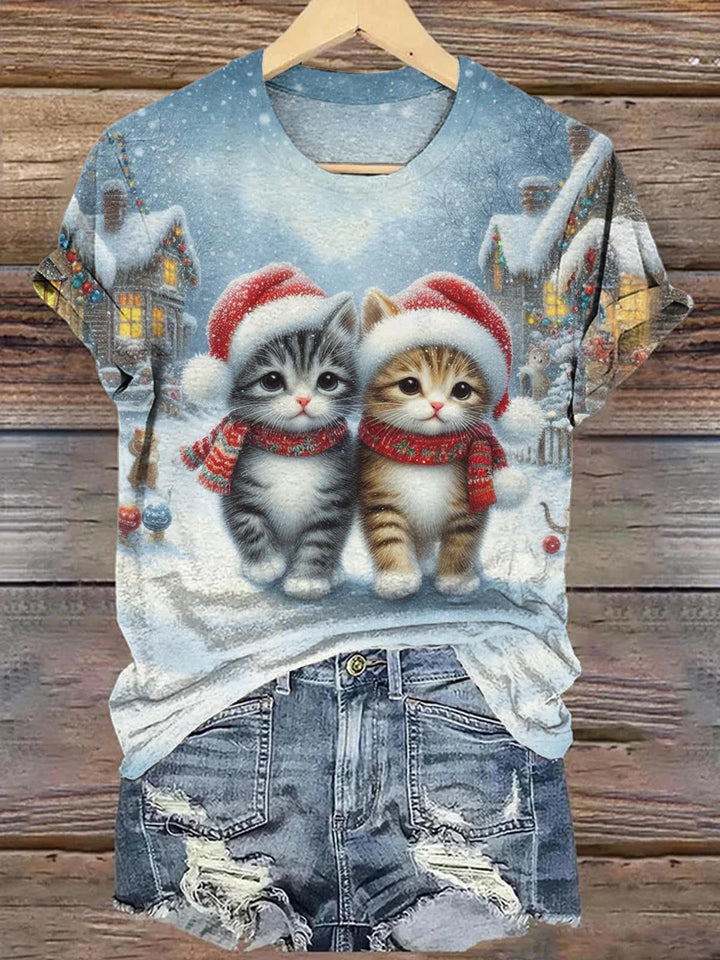 Christmas Cute Cat Printed Long Sleeve Casual Top