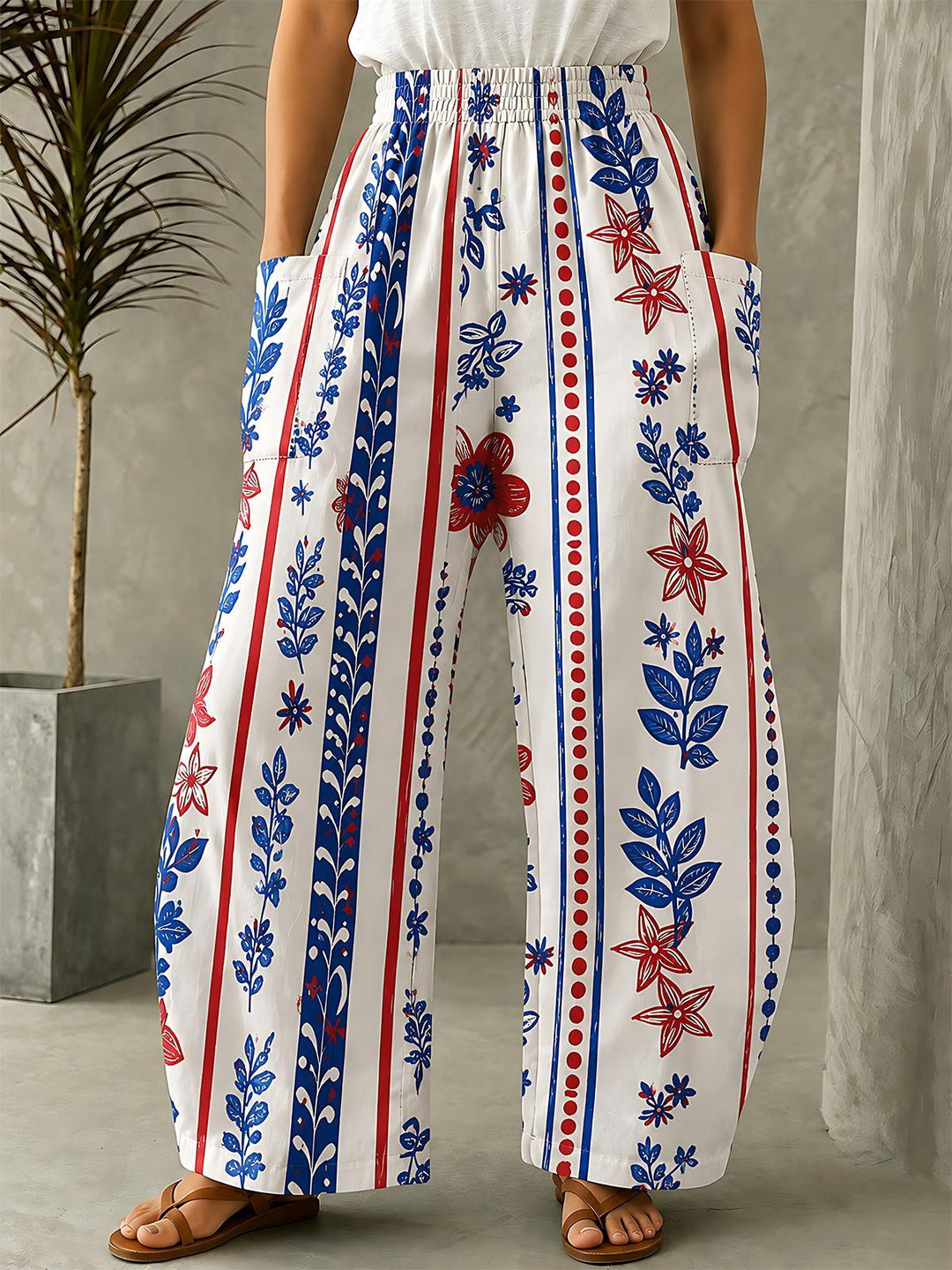 Red Blue Floral Vertical Stripe Women's Casual Pants
