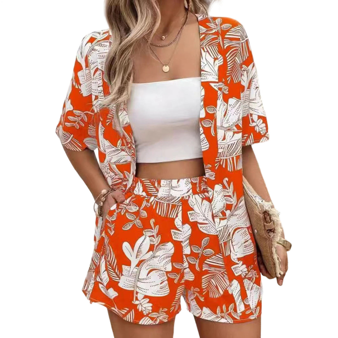 Beach 2 Piece Outfits for Women Boho Floral Leaf Summer Outfits Short Sleeve Shirt Beach Sets for Daily Wear favorable