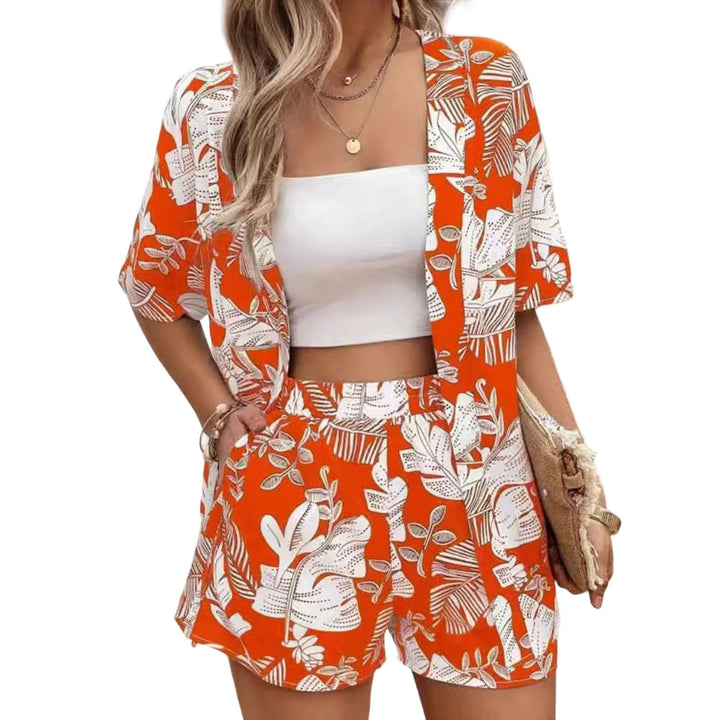 Beach 2 Piece Outfits for Women Boho Floral Leaf Summer Outfits Short Sleeve Shirt Beach Sets for Daily Wear favorable