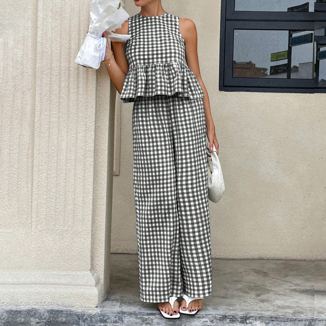 Womens Gingham Set Ruffle Plaid Peplum Tops and Pants Summer Vacation Going Out Sets for Daily Wear Beach admired