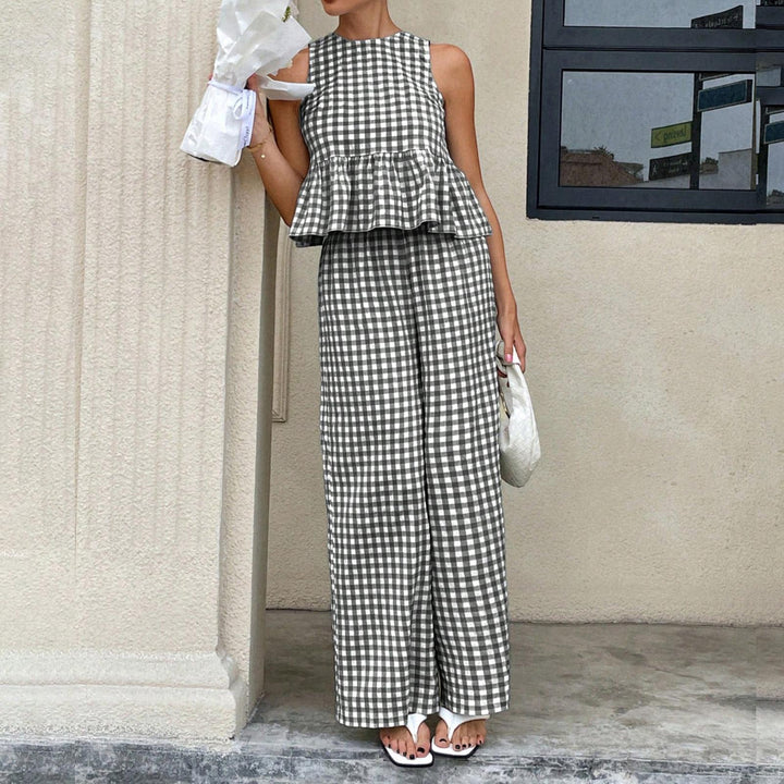 Womens Gingham Set Ruffle Plaid Peplum Tops and Pants Summer Vacation Going Out Sets for Daily Wear Beach admired