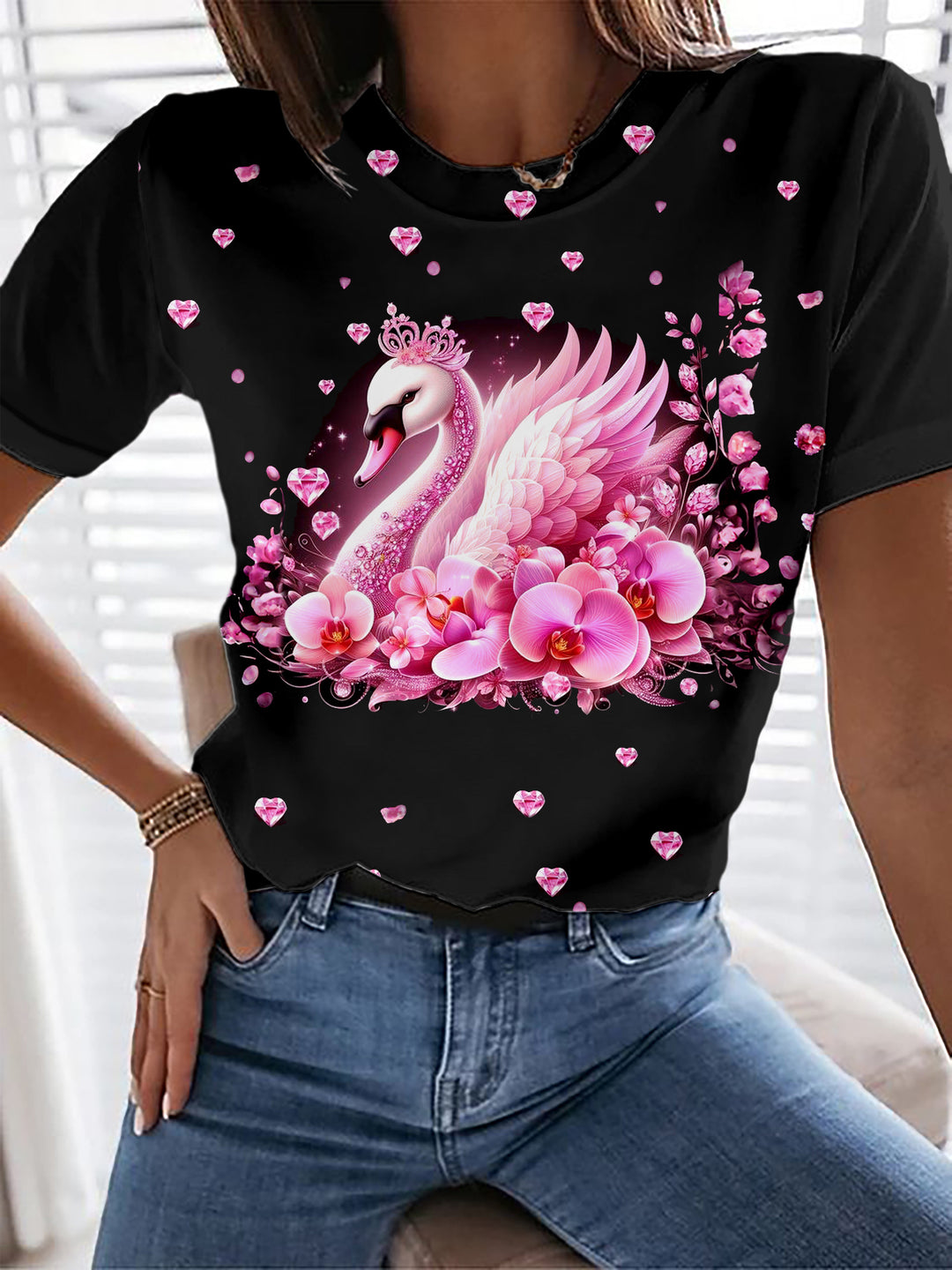 Swan Flower Crew Neck T-shirt