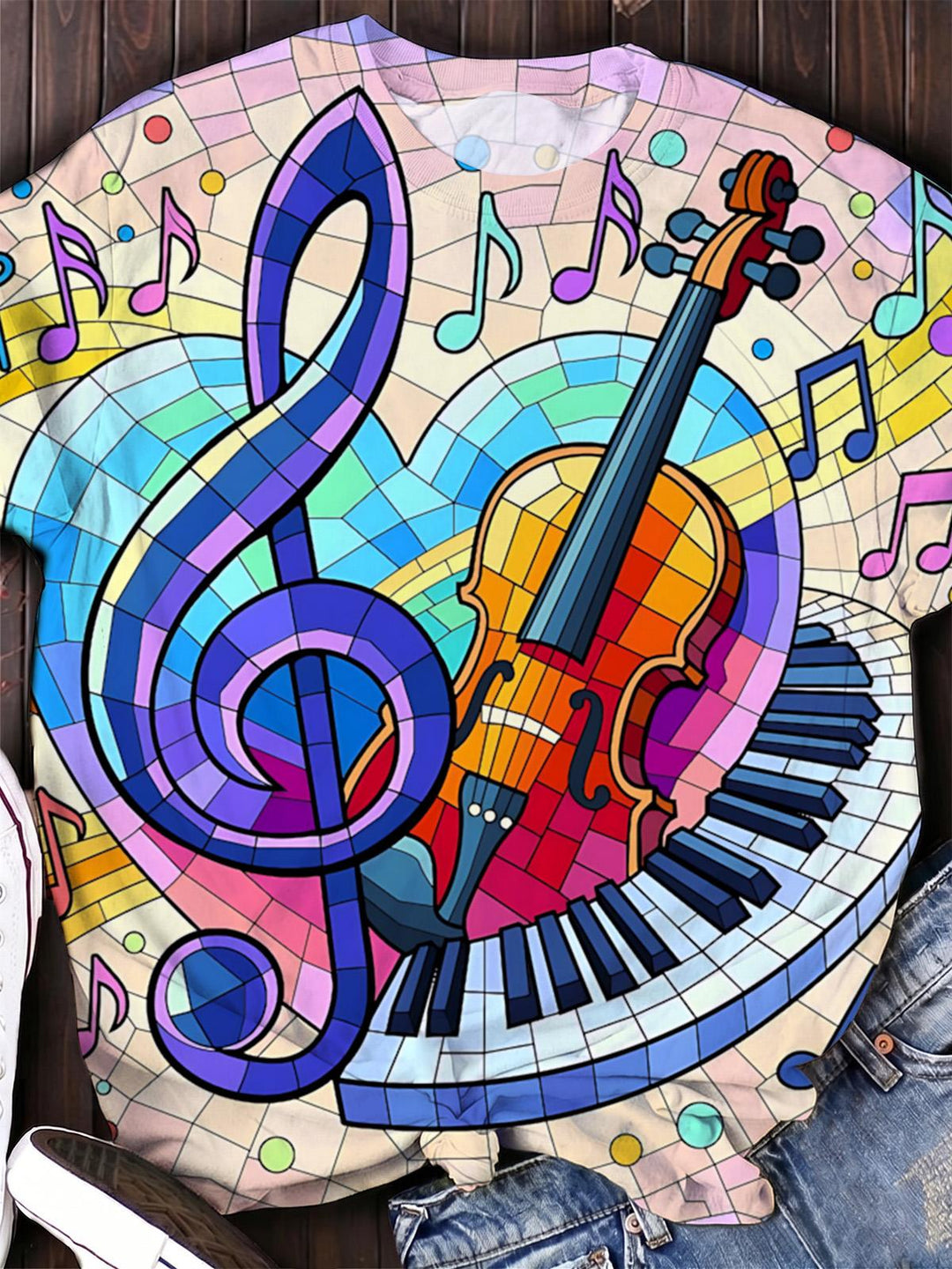 Music Piano Violin Note Print Women's Short Sleeve Crew Neck T-shirt