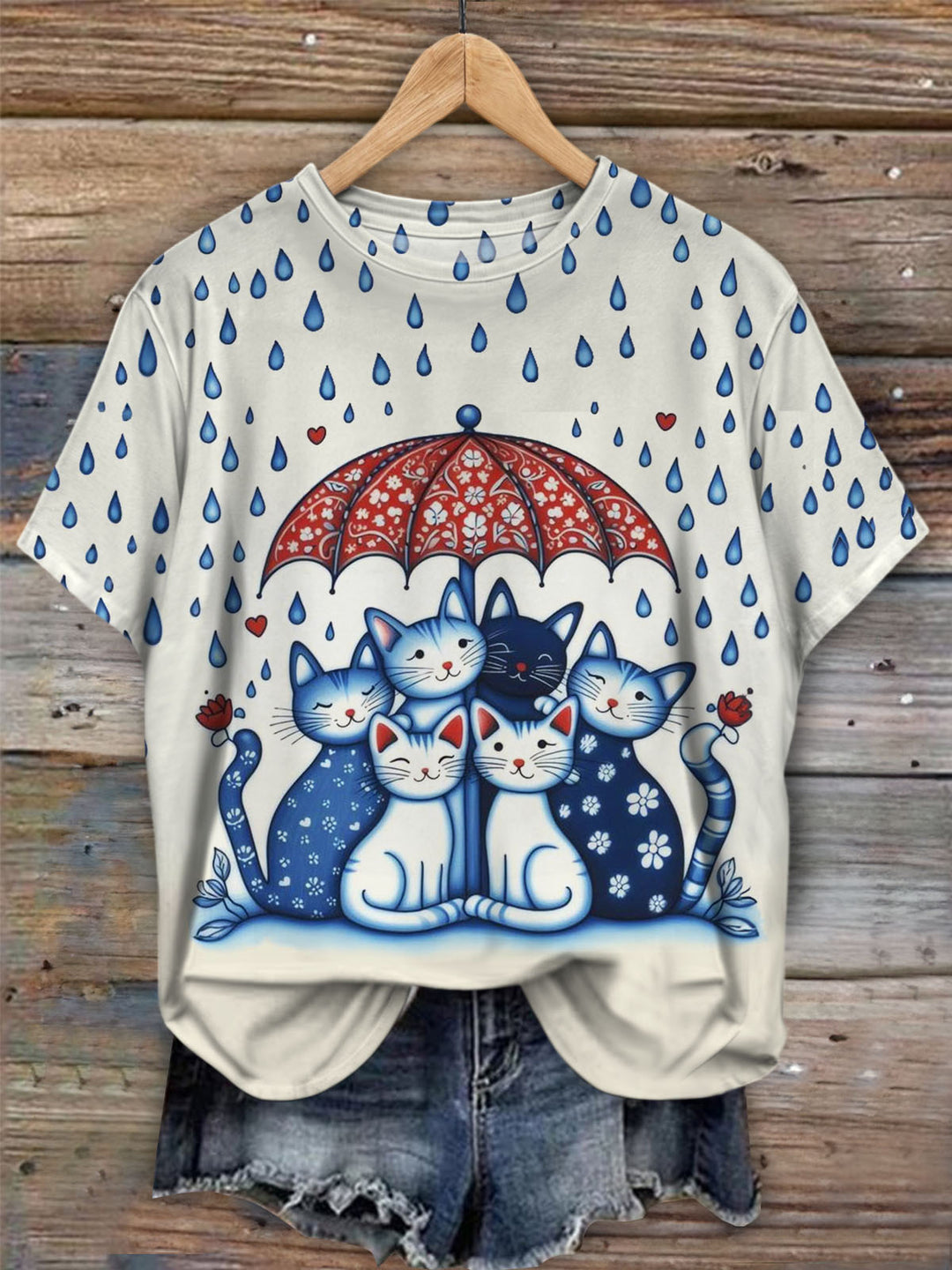 Cat Taking Shelter From The Rain Crew Neck T-shirt