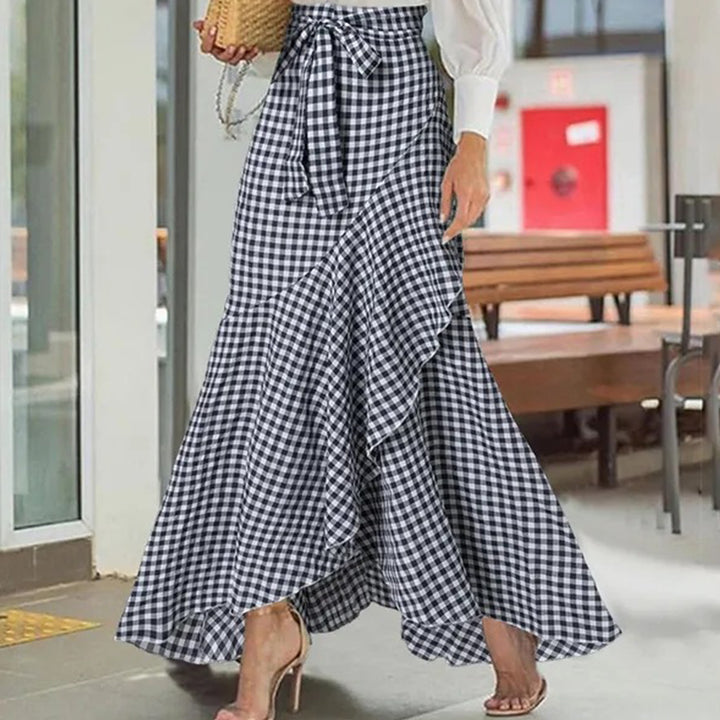 Long Plaid Skirt Mermaid A Line Women High Waist Flowy Ruffle High Low Skirts Waist Tie Clothes Daily Wear capable