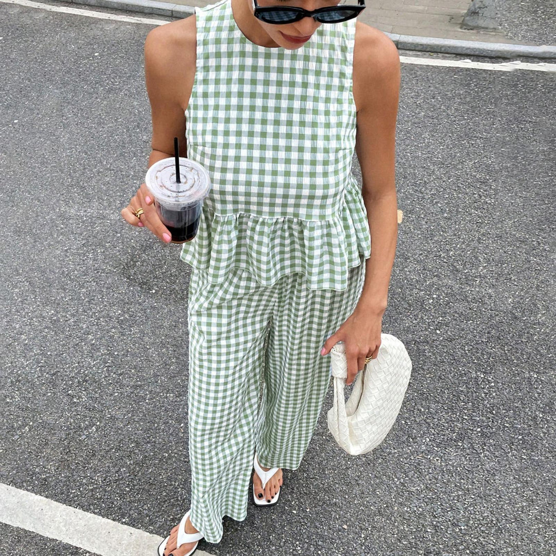 Womens Gingham Set Ruffle Plaid Peplum Tops and Pants Summer Vacation Going Out Sets for Daily Wear Beach admired