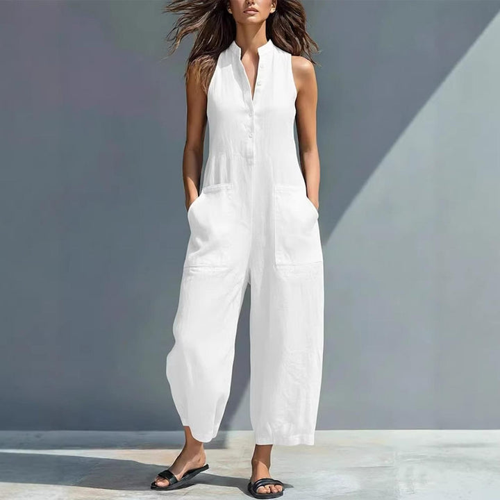 Sleeveless Jumpsuits for Women Button Front Stand Collar Sleeveless Loose Wide Leg Jumpsuit for Vacation classical
