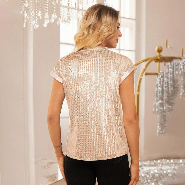Sequin Shirts for Women V Neck Sequin Sparkly Tops Short Sleeve Dressy Casual Party Shirt for Club Going Out beautiful