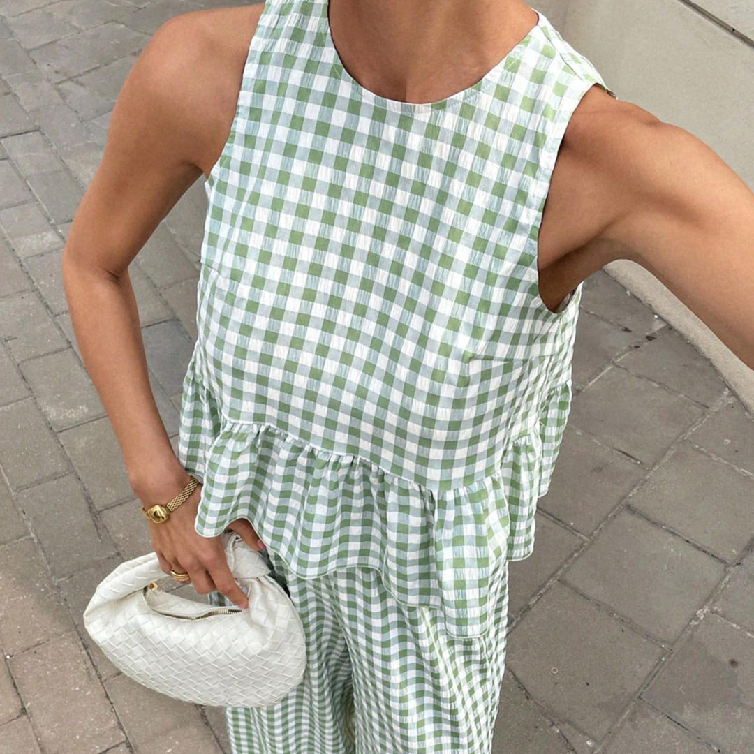 Womens Gingham Set Ruffle Plaid Peplum Tops and Pants Summer Vacation Going Out Sets for Daily Wear Beach admired