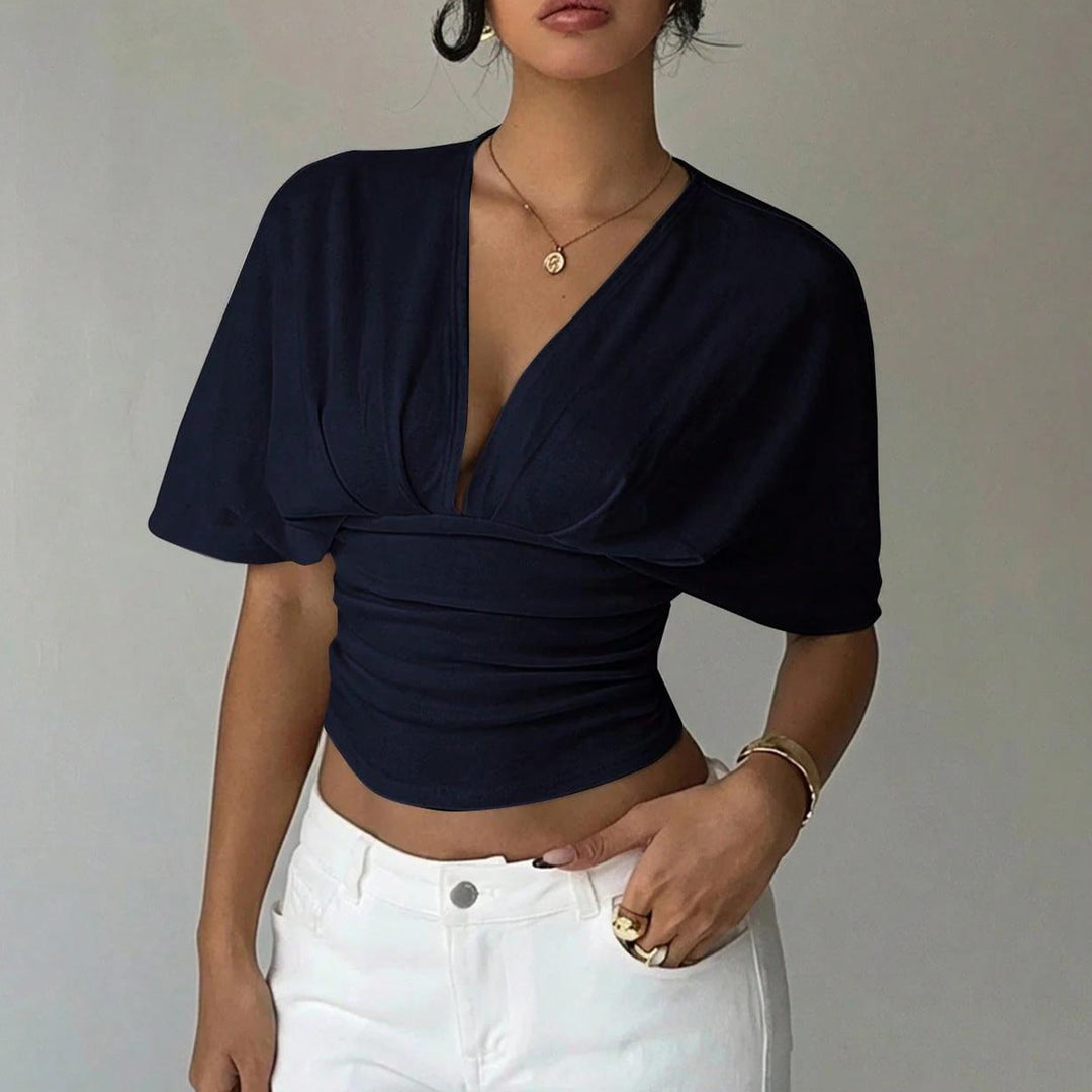 Cinch Waist Tops for Women Ruched Deep V Neck Crop Tops Sexy Summer T Shirts Short Sleeve for Travel Dating original