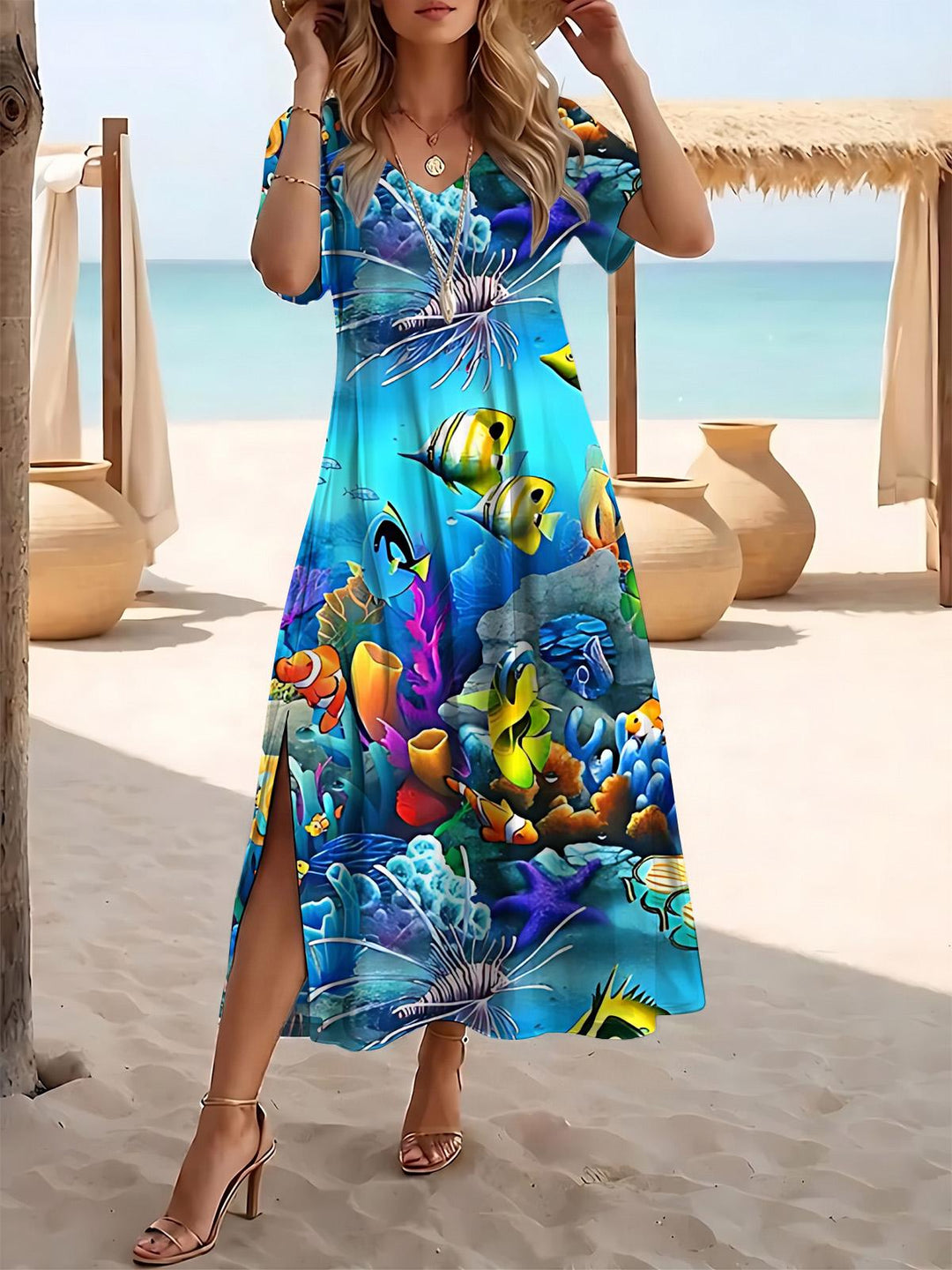 Marine Life Fish Print Women's Short Sleeve V Neck Maxi Dress