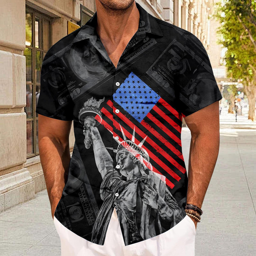 Flag Button Up Shirt Men Eagle Print Short Sleeve Button Down Patriotic Hawaiian Shirts for Parade Party amiable