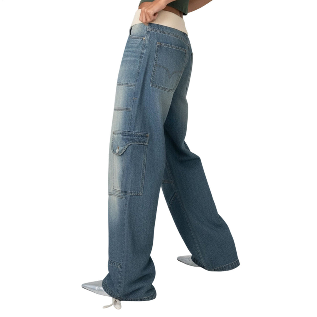 Womens Low Rise Baggy Jeans Fold-Over Elastic Waist Wide Leg Jeans Denim Pants Loose Fit Trousers for Club appropriate