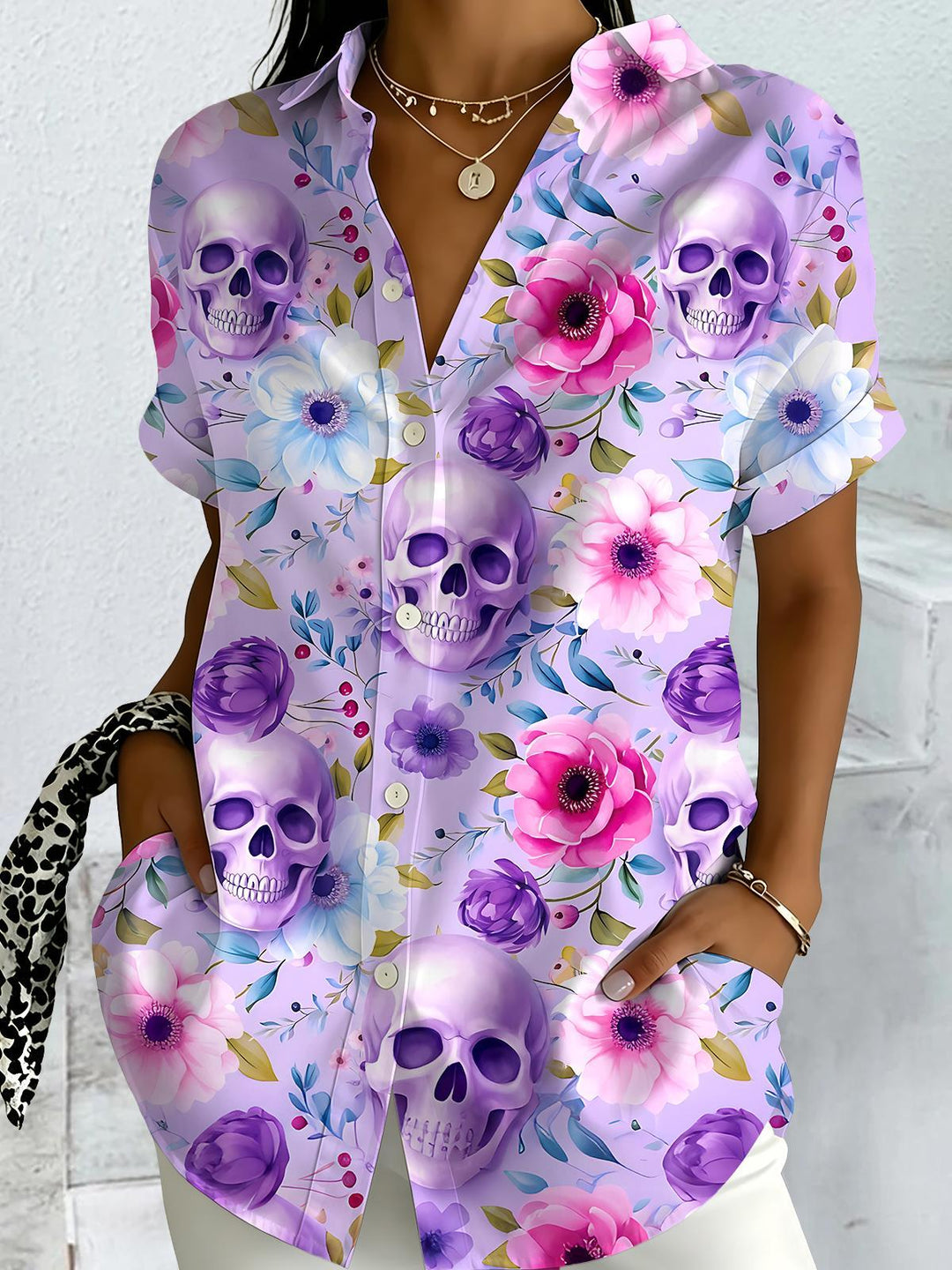 Skull Floral Women's Short Sleeve Shirts