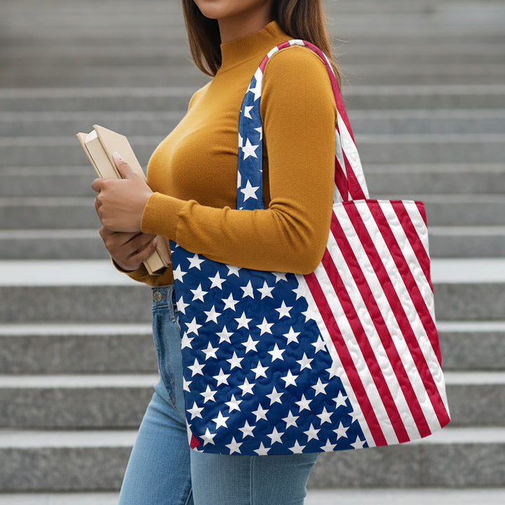 Quilted Tote Bag for Women American Flag Patriotic Handbags with Handles Travel Casual Purse for Vacation practical