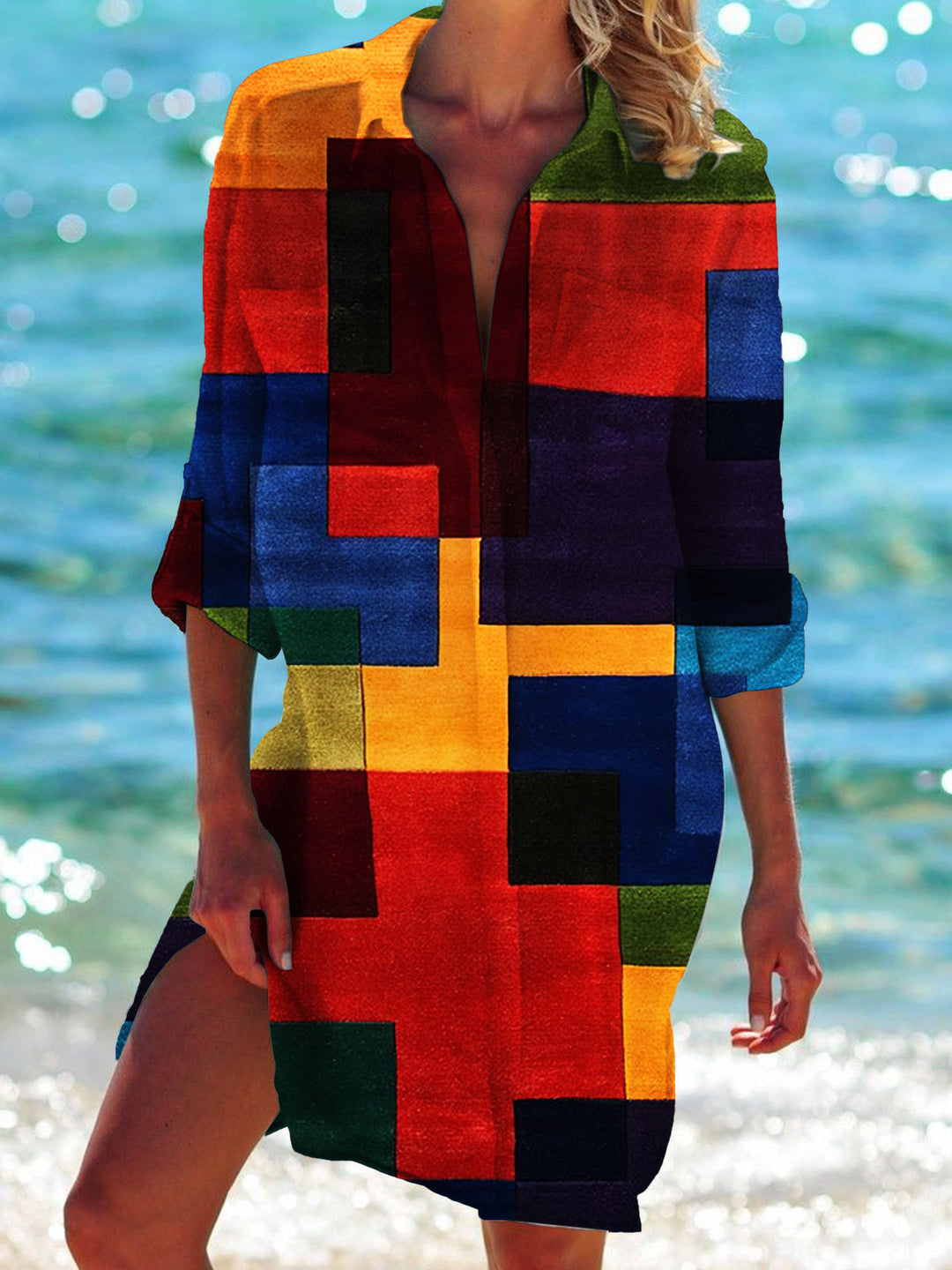 Contrast Printed Long Sleeve Beach Shirt Dress