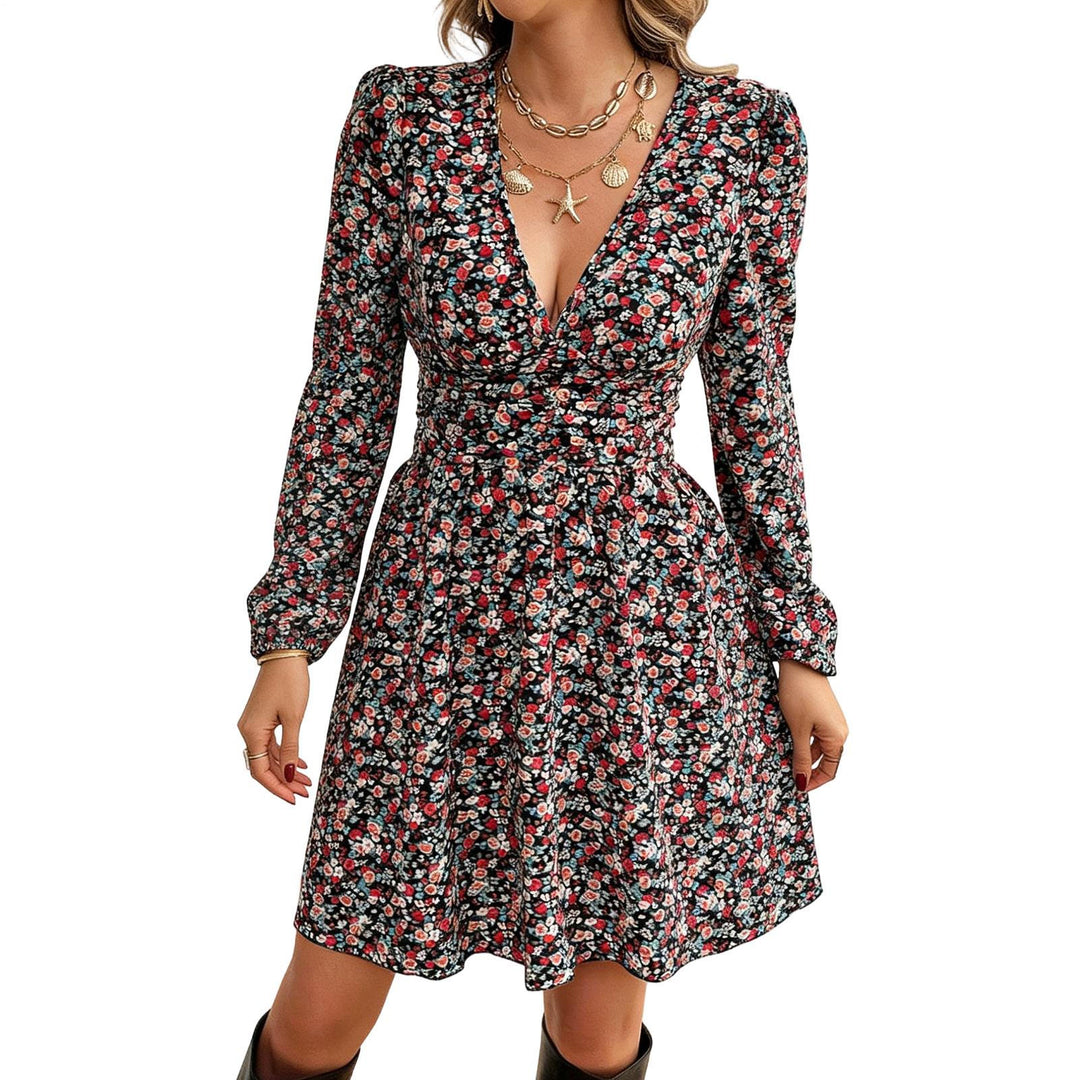 Long Sleeve Short Dress for Women V Neck Bohemian Floral Dress Lantern Sleeves for Dating Travel Vacation charming